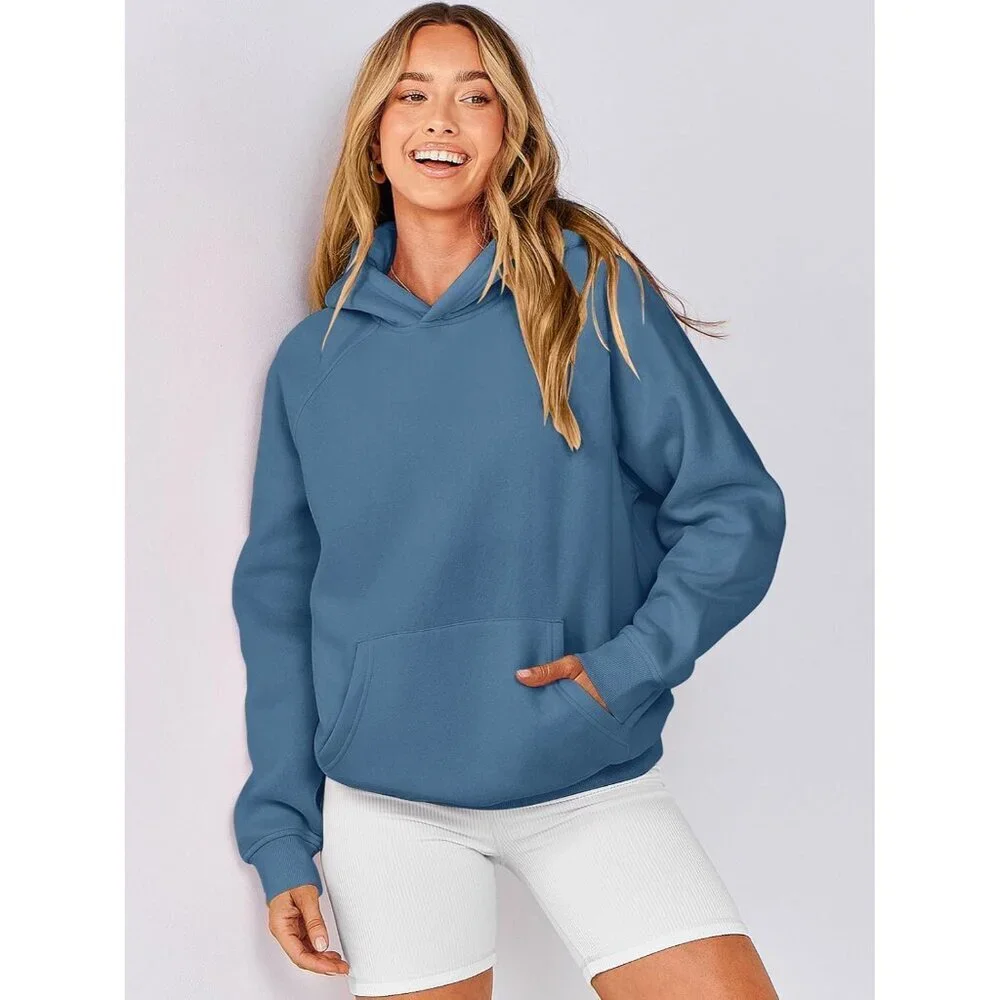 Women Deep Blue Hoodies Oversized Fleece Long Sleeve Comfy Casual Sweatshirts - Picture 2 of 9